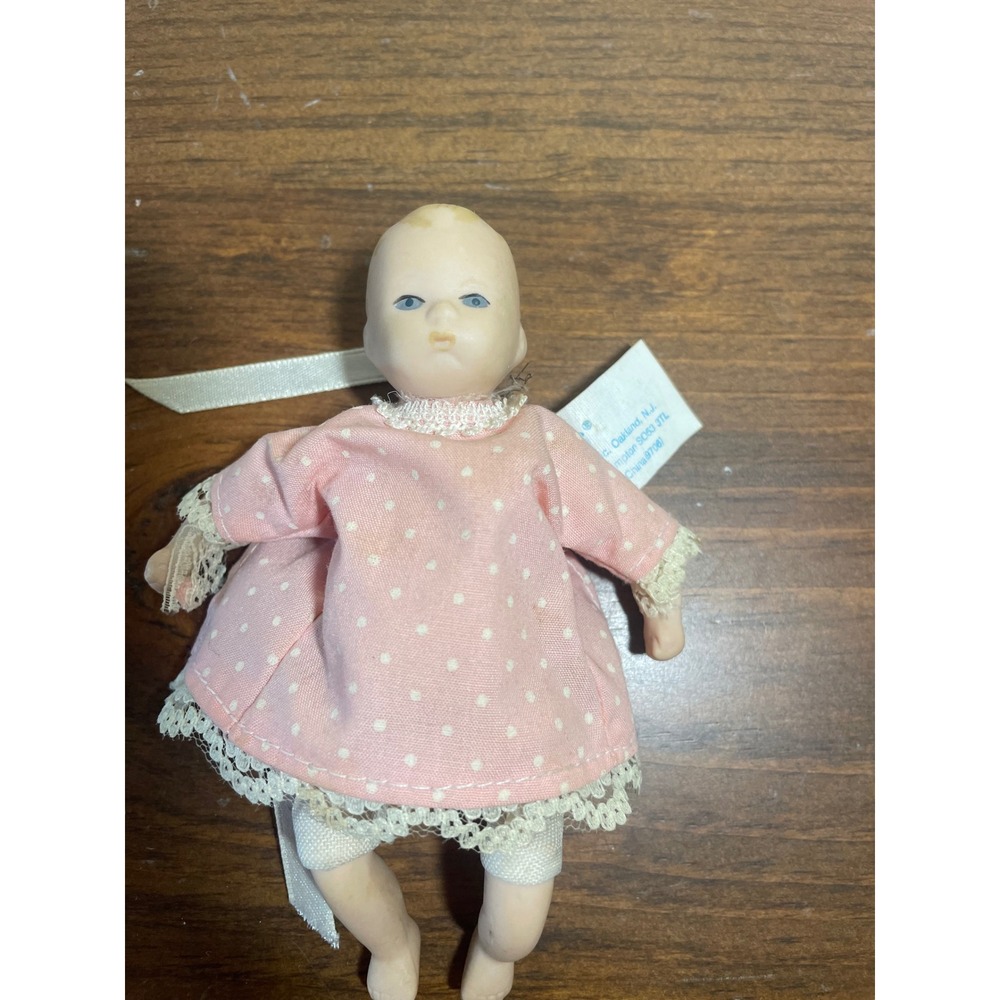Vintage Miniature Porcelain Baby Doll Pink Polka Dot Lace Russ Berrie doll